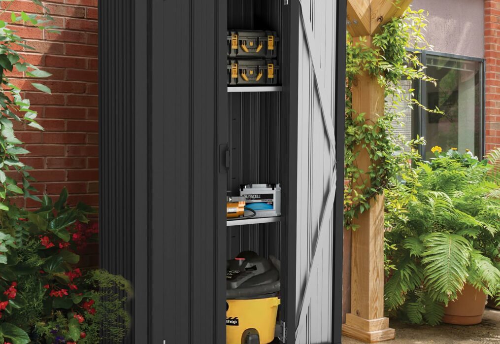 AECOJOY Outdoor Storage Cabinet Waterproof with Shelves, Vertical Tall Garden Storage Sheds, Sheds & Outdoor Storage Cabinet Weatherproof for Outside in Dark Grey-New