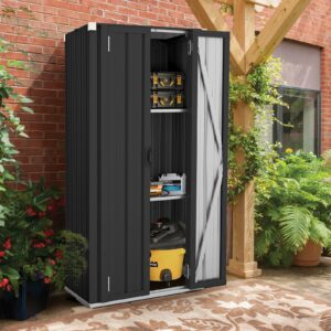 AECOJOY Outdoor Storage Cabinet Waterproof with Shelves, Vertical Tall Garden Storage Sheds, Sheds & Outdoor Storage Cabinet Weatherproof for Outside in Dark Grey-New