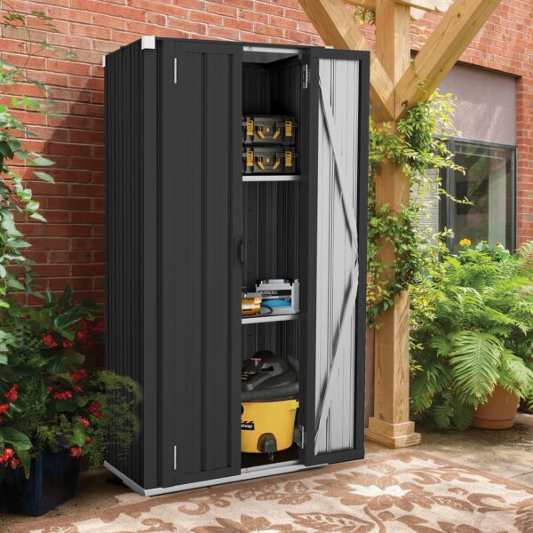 AECOJOY Outdoor Storage Cabinet Waterproof with Shelves, Vertical Tall Garden Storage Sheds, Sheds & Outdoor Storage Cabinet Weatherproof for Outside in Dark Grey-New