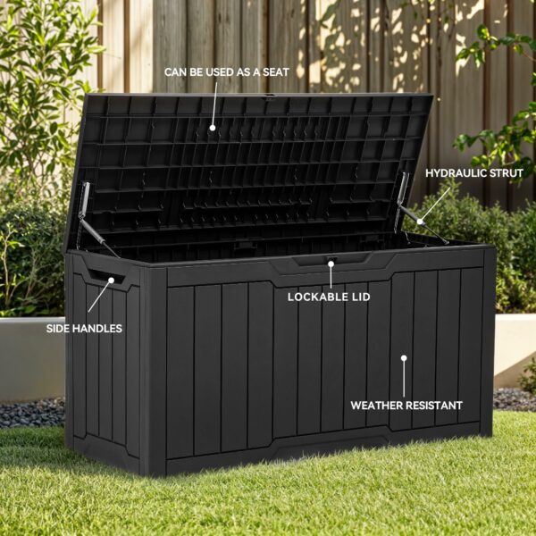 100 Gallon Outdoor Storage Box, Large Water Resistant Resin Deck Box, Indoor Outdoor Lockable Storage Container for Patio, Garden, Cushions, Tools, Equipment (Black)-New - Image 3