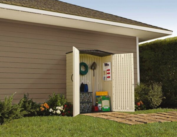 Rubbermaid Small Vertical Resin Outdoor Storage Shed With Floor (2.3 x 4.6 Ft), Weather Resistant, Beige/Brown, Organization for Home/Backyard/Pool Chemicals/Toys/Garden Tools/Porch/Patio Cushions-New - Image 2