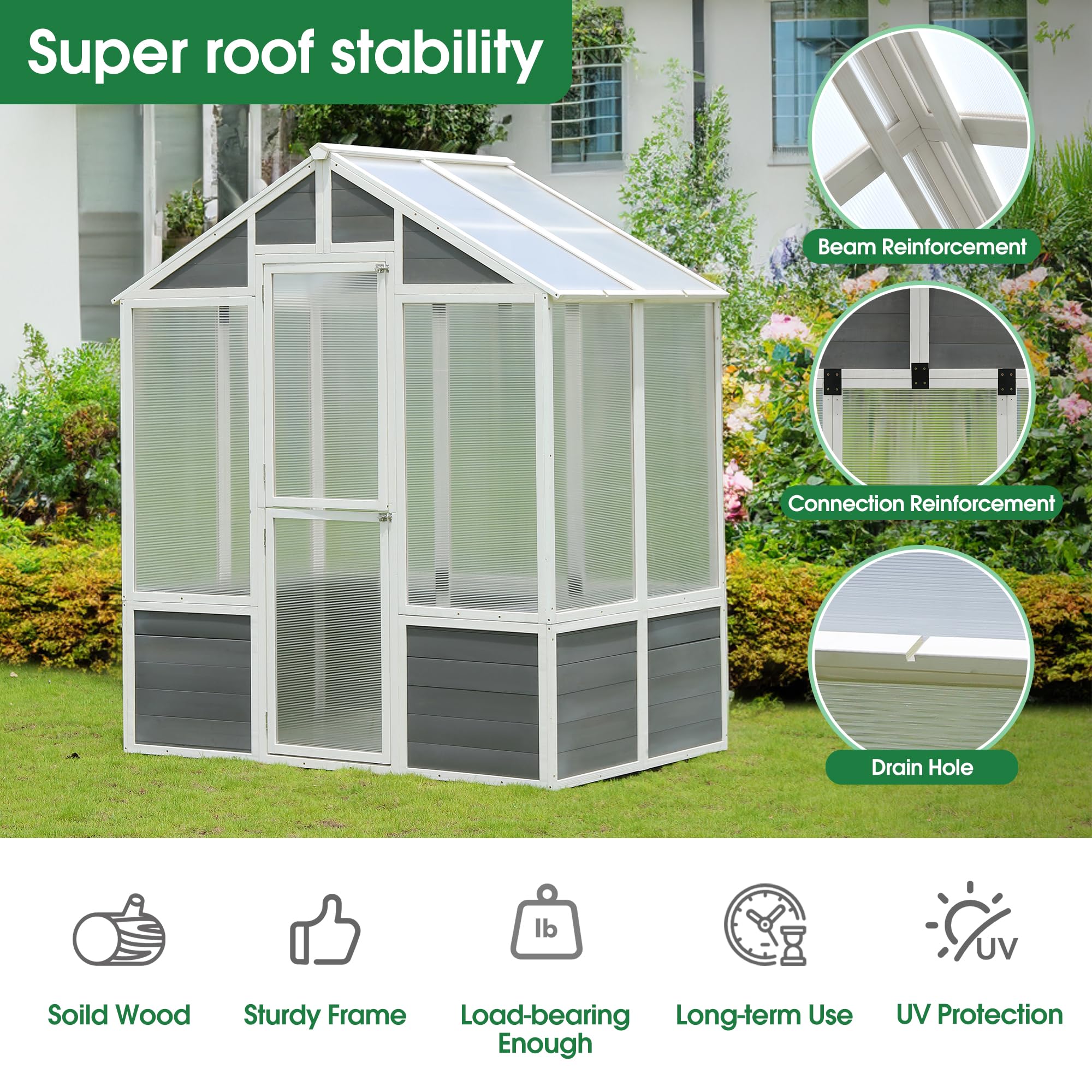 LUSPAZ Polycarbonate Greenhouse 76 Inch, Gardening Greenhouse Walk-in Outdoor Plant for Patio Backyard Lawn, Cold Frame Wooden Greenhouse Garden Shed for Plants, Grow House with Front Entry Door ? Premium & Durable Design-New - Image 6
