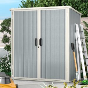 Aoxun Outdoor Storage Shed 5 x 3FT, Resin Shed with Floor and Lockable Door, Plastic Shed for Bike, Garbage Can, Tool, Accessories, Lawn, Garden - Grey-New