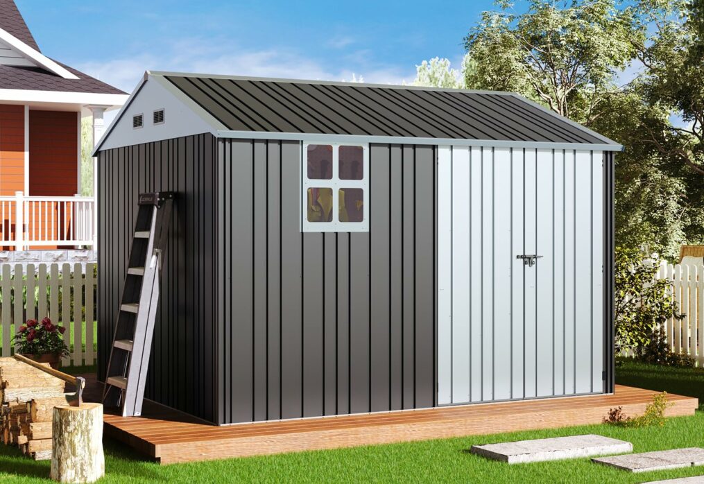 Jocisland 10×8.6×7.3 FT Sheds & Outdoor Storage, Lockable Double Hinged Doors and 4 Vents, Metal Large Shed, Backyard Storage for Bikes and Garden Tools Dark Black/White-New
