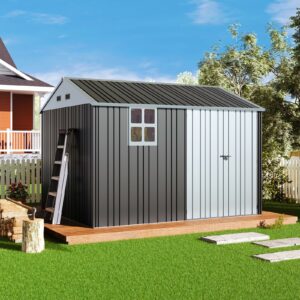 Jocisland 10x8.6x7.3 FT Sheds & Outdoor Storage, Lockable Double Hinged Doors and 4 Vents, Metal Large Shed, Backyard Storage for Bikes and Garden Tools Dark Black/White-New