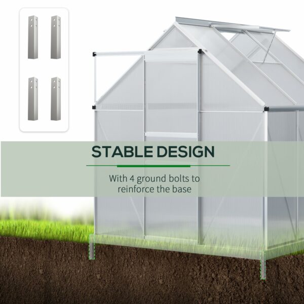 Outsunny 6' x 6' x 6.5' Polycarbonate Greenhouse with Adjustable Roof Vent, Walk-in Heavy Duty Green House Kit with Aluminum Frame, Sliding Door and Rain Gutter for Winter, Silver ? Premium & Durable Design-New - Image 6