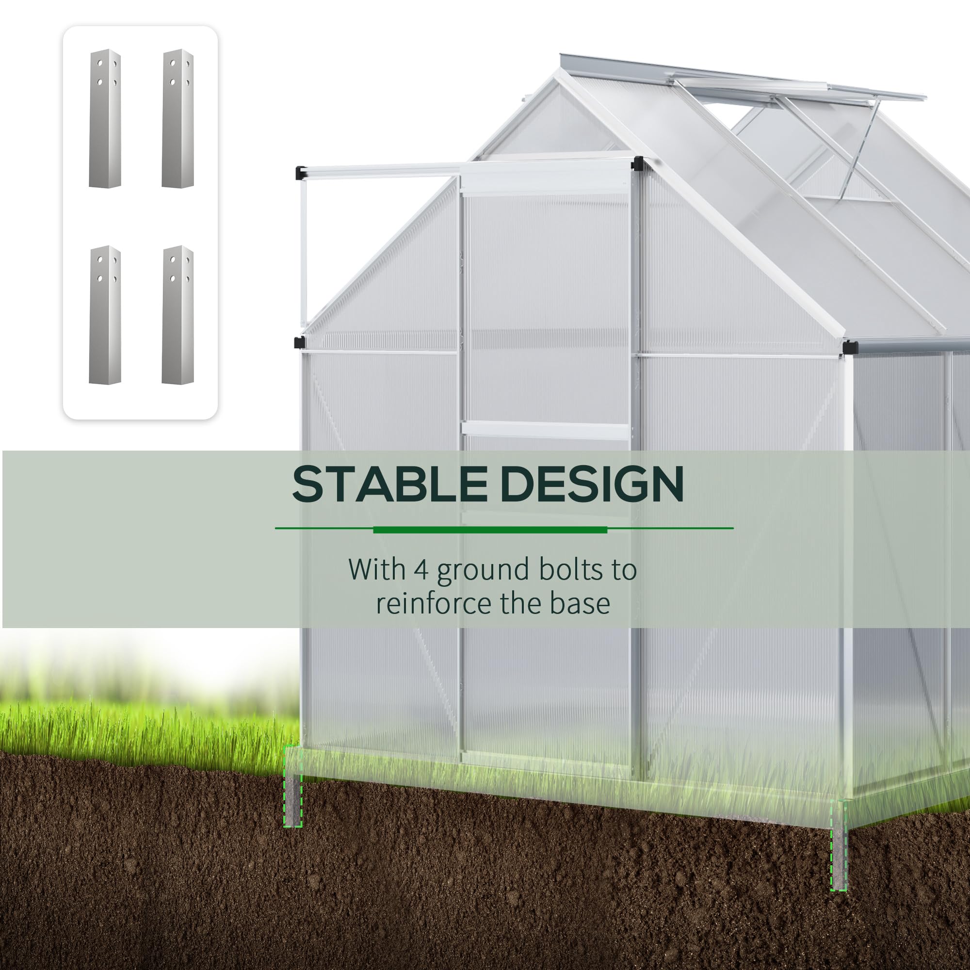 Outsunny 6' x 6' x 6.5' Polycarbonate Greenhouse with Adjustable Roof Vent, Walk-in Heavy Duty Green House Kit with Aluminum Frame, Sliding Door and Rain Gutter for Winter, Silver ? Premium & Durable Design-New - Image 6