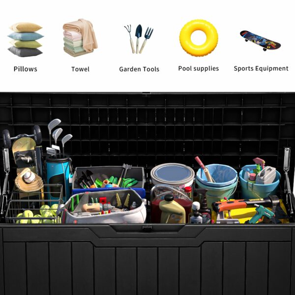 100 Gallon Outdoor Storage Box, Large Water Resistant Resin Deck Box, Indoor Outdoor Lockable Storage Container for Patio, Garden, Cushions, Tools, Equipment (Black)-New - Image 4