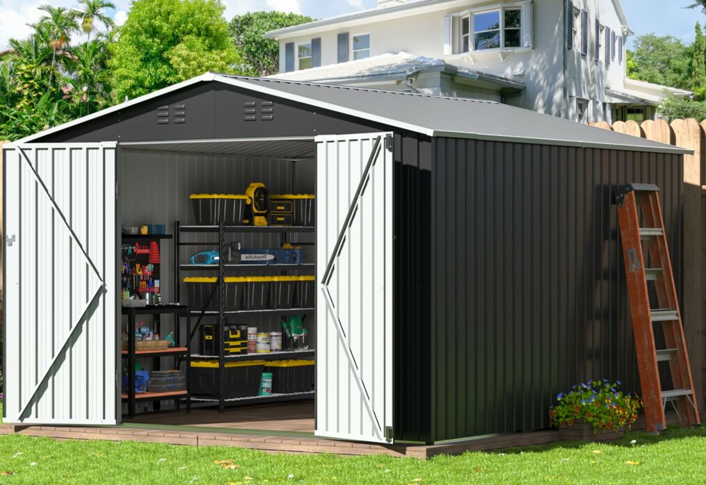 10×10 FT Outdoor Storage Shed, Garden Shed with Updated Frame Structure and Lockable Doors, Metal Tool Sheds for Backyard Garden Patio Lawn, Grey-New