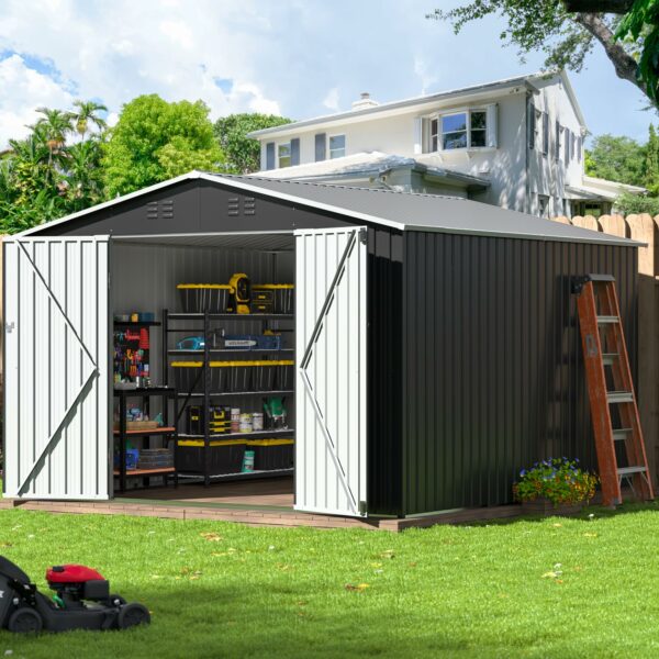 10x10 FT Outdoor Storage Shed, Garden Shed with Updated Frame Structure and Lockable Doors, Metal Tool Sheds for Backyard Garden Patio Lawn, Grey-New