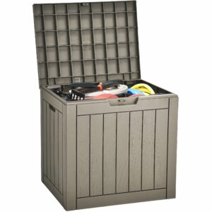31 Gallon Outdoor Storage Deck Box, Waterproof Resin Package Delivery and Storage Box with Lockable Lid for Patio Furniture Cushions, Pool Accessories, Garden Tools, Taupe-New