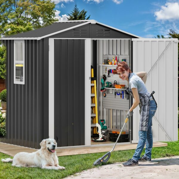 DWVO 6x4ft Metal Outdoor Storage Shed with Window, Lockable Tool Storage Sheds, Steel Garden Sheds with Sloped Roof for Backyard, Patio, Garage, Lawn, Gray-New - Image 3