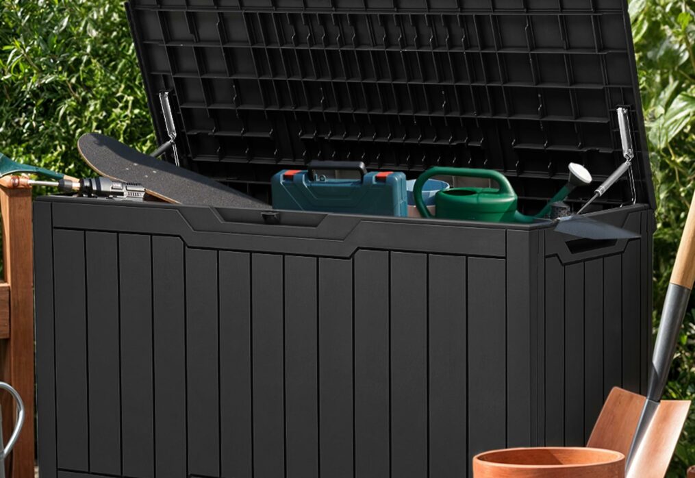 100 Gallon Outdoor Storage Box, Large Water Resistant Resin Deck Box, Indoor Outdoor Lockable Storage Container for Patio, Garden, Cushions, Tools, Equipment (Black)-New