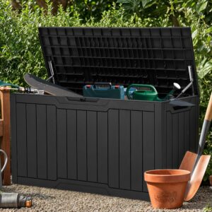 100 Gallon Outdoor Storage Box, Large Water Resistant Resin Deck Box, Indoor Outdoor Lockable Storage Container for Patio, Garden, Cushions, Tools, Equipment (Black)-New