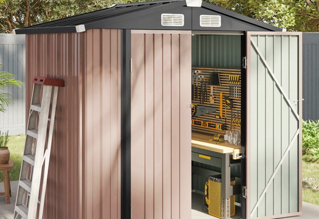 Aoxun 6.2×4 FT Shed Outdoor Storage Shed Metal Garden Shed with Lockable Doors & Slooping Roof Tool Shed Bike Shed for Backyard, Patio, Poolside (Brown)-New
