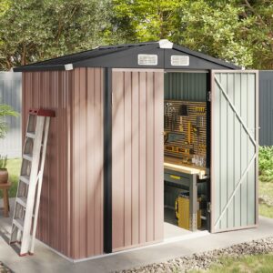 Aoxun 6.2x4 FT Shed Outdoor Storage Shed Metal Garden Shed with Lockable Doors & Slooping Roof Tool Shed Bike Shed for Backyard, Patio, Poolside (Brown)-New