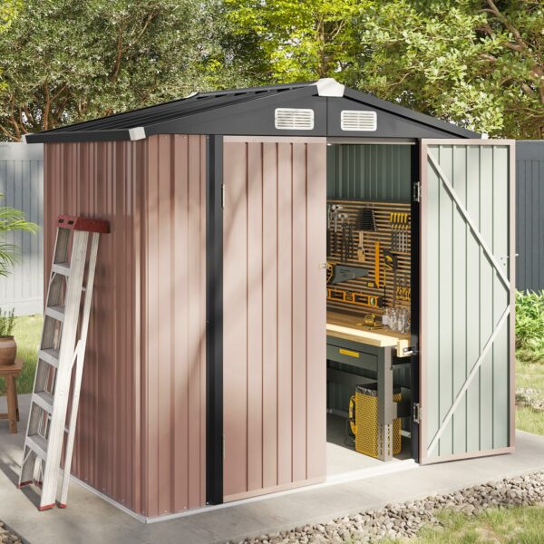 Aoxun 6.2x4 FT Shed Outdoor Storage Shed Metal Garden Shed with Lockable Doors & Slooping Roof Tool Shed Bike Shed for Backyard, Patio, Poolside (Brown)-New