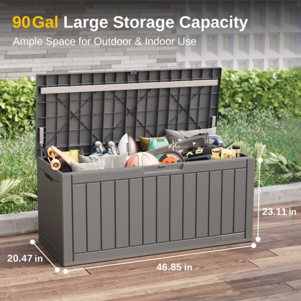 EAST OAK Outdoor Storage Box, 90 Gallon Deck Box, Waterproof Resin Storage Bin for Patio Cushions, Gardening Tools, Lockable, UV Resistant, Grey-New - Image 2