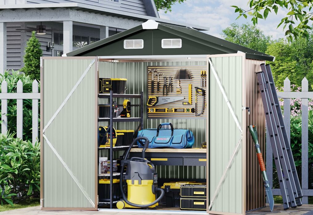 Aoxun Storage Shed 6×4 FT Metal Shed Galvanised Steel Garden Shed with Lockable Doors Outdoor Waterproof Shed for Bike Storage, Tool Storage, Temporary Storage (Brown)-New