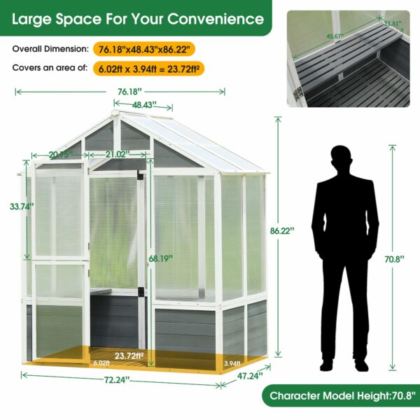 LUSPAZ Polycarbonate Greenhouse 76 Inch, Gardening Greenhouse Walk-in Outdoor Plant for Patio Backyard Lawn, Cold Frame Wooden Greenhouse Garden Shed for Plants, Grow House with Front Entry Door ? Premium & Durable Design-New - Image 3