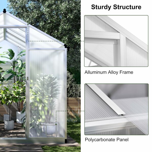 6x10 FT Greenhouse for Outdoors, Polycarbonate Greenhouse with Quick Setup Structure and Roof Vent, Aluminum Large Walk-in Greenhouse for Outside Garden Backyard, Silver-New - Image 2