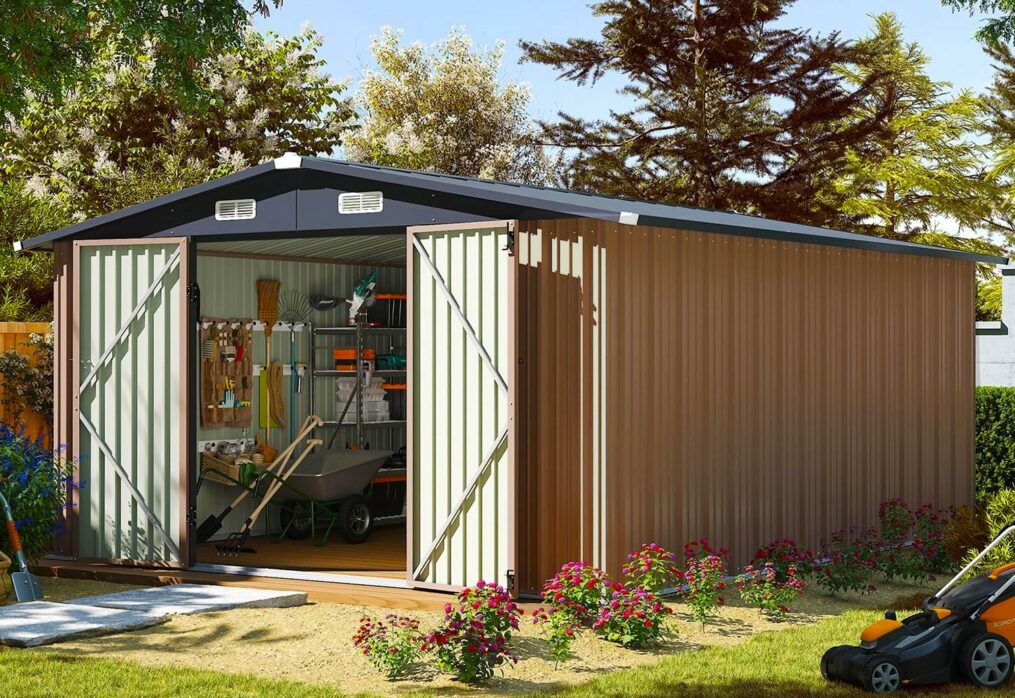 Aoxun 10×12 FT Outdoor Storage Shed, Steel Utility Tool Shed Storage House with Door & Lock, Metal Sheds Outdoor Storage for Garden Patio Lawn Poolside, Brown-New