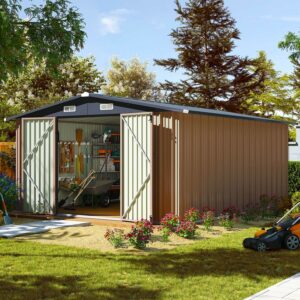 Aoxun 10x12 FT Outdoor Storage Shed, Steel Utility Tool Shed Storage House with Door & Lock, Metal Sheds Outdoor Storage for Garden Patio Lawn Poolside, Brown-New