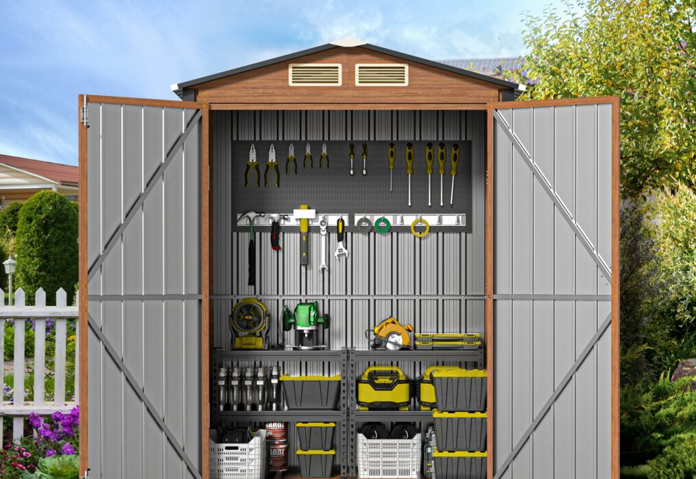 Outdoor Storage Shed, 5×3 Ft Metal Steel Tiny House with Frame Floor & Lockable Door, Vertical Outside Storage Building for Garden, Backyard, Lawn, Patio Utility, Tool Storage-New