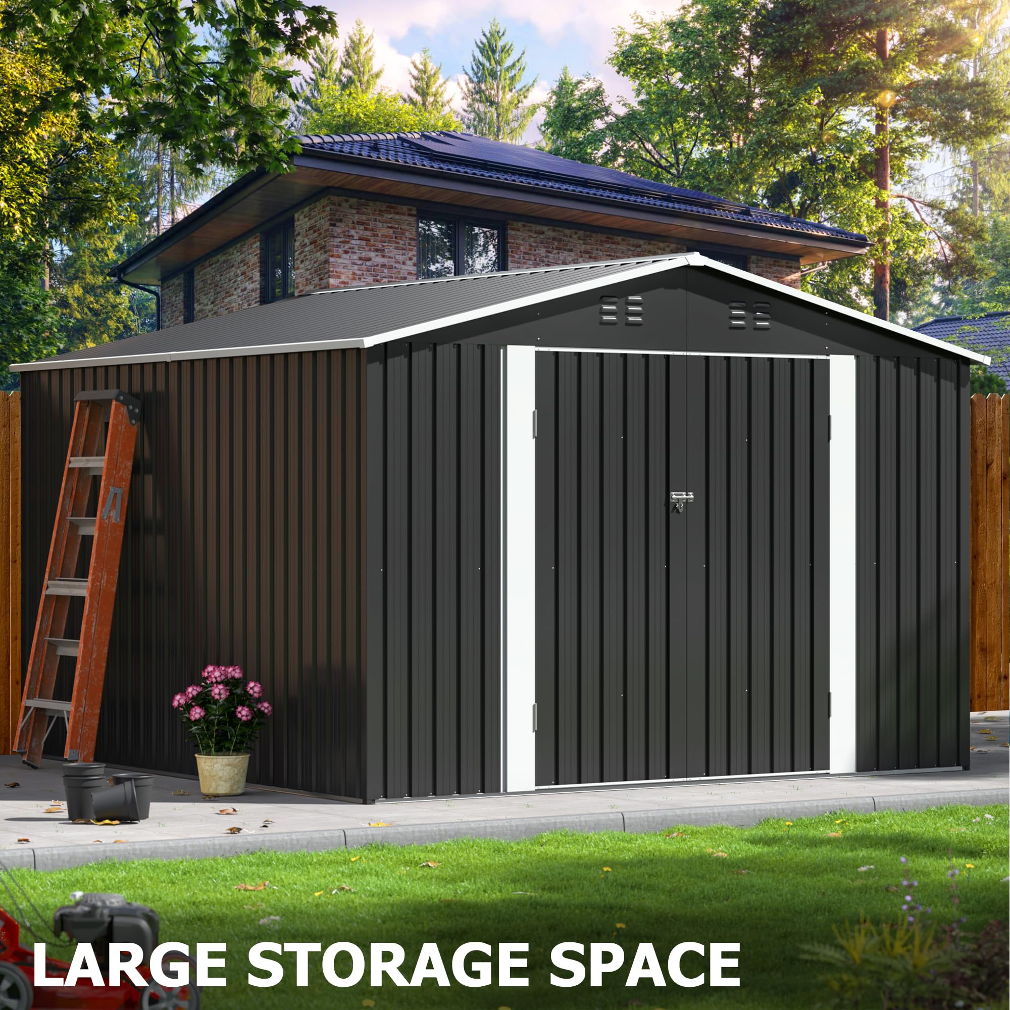 10x10 FT Outdoor Storage Shed, Garden Shed with Updated Frame Structure and Lockable Doors, Metal Tool Sheds for Backyard Garden Patio Lawn, Grey-New - Image 6