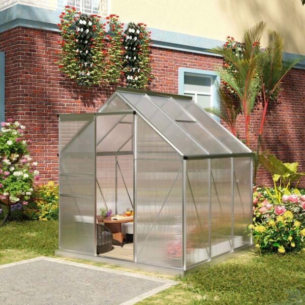 Outsunny 6' x 6' x 6.5' Polycarbonate Greenhouse with Adjustable Roof Vent, Walk-in Heavy Duty Green House Kit with Aluminum Frame, Sliding Door and Rain Gutter for Winter, Silver ? Premium & Durable Design-New - Image 2