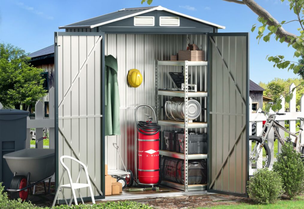5x3X6.3FT Outdoor Steel Storage Shed with Lockable Doors and Frame Floor, Compact Small Bike Shed, Ideal for Garden, Backyard, Swimming Pool, Patio Utility and Tool Storage-New