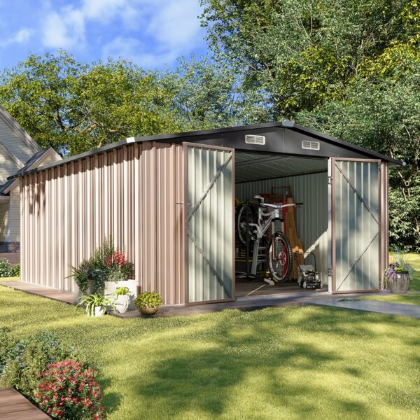 Aoxun 10x12 FT Outdoor Storage Shed, Steel Utility Tool Shed Storage House with Door & Lock, Metal Sheds Outdoor Storage for Garden Patio Lawn Poolside, Brown-New - Image 3