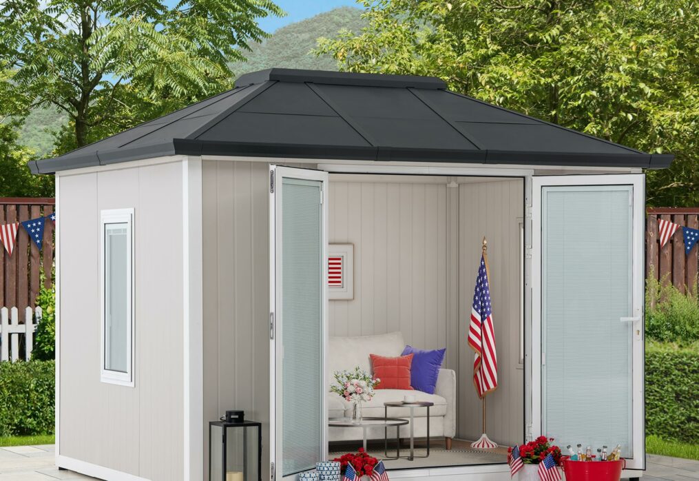 Sunjoy Office Shed for Outdoor, Tiny House 10’x12.6′ She Shed, Backyard Office, Multipurpose Outdoor Room, Home Gym with Floor, 2 Windows and Lockable Doors ? Premium & Durable Design-New