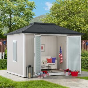 Sunjoy Office Shed for Outdoor, Tiny House 10'x12.6' She Shed, Backyard Office, Multipurpose Outdoor Room, Home Gym with Floor, 2 Windows and Lockable Doors ? Premium & Durable Design-New