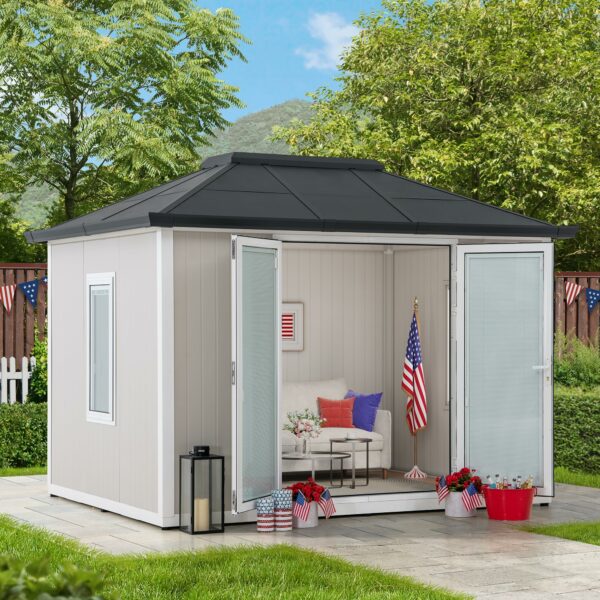 Sunjoy Office Shed for Outdoor, Tiny House 10'x12.6' She Shed, Backyard Office, Multipurpose Outdoor Room, Home Gym with Floor, 2 Windows and Lockable Doors ? Premium & Durable Design-New