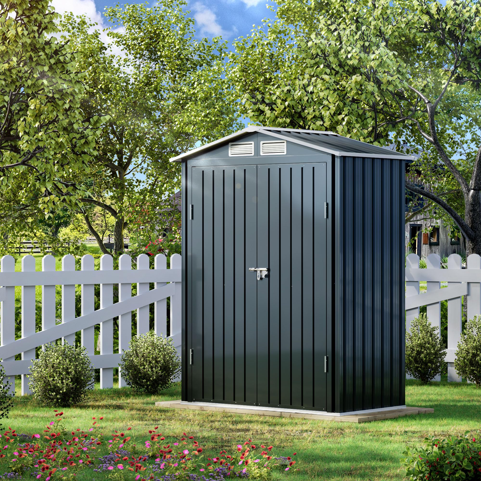5x3X6.3FT Outdoor Steel Storage Shed with Lockable Doors and Frame Floor, Compact Small Bike Shed, Ideal for Garden, Backyard, Swimming Pool, Patio Utility and Tool Storage-New - Image 6